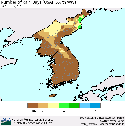 Korea Number of Rain Days (USAF 557th WW) Thematic Map For 1/16/2023 - 1/22/2023