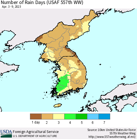 Korea Number of Rain Days (USAF 557th WW) Thematic Map For 4/3/2023 - 4/9/2023