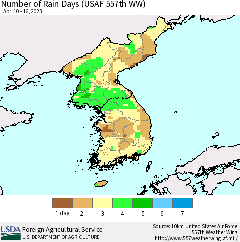Korea Number of Rain Days (USAF 557th WW) Thematic Map For 4/10/2023 - 4/16/2023