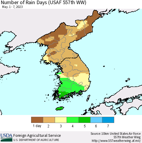 Korea Number of Rain Days (USAF 557th WW) Thematic Map For 5/1/2023 - 5/7/2023