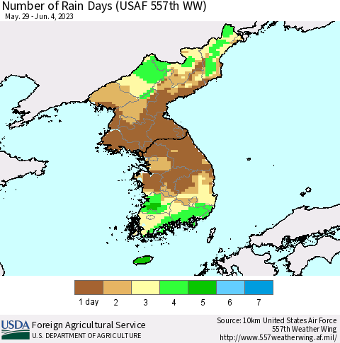 Korea Number of Rain Days (USAF 557th WW) Thematic Map For 5/29/2023 - 6/4/2023