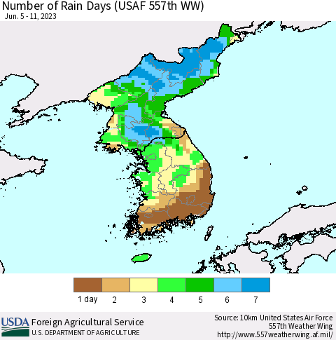 Korea Number of Rain Days (USAF 557th WW) Thematic Map For 6/5/2023 - 6/11/2023