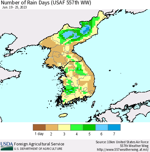 Korea Number of Rain Days (USAF 557th WW) Thematic Map For 6/19/2023 - 6/25/2023