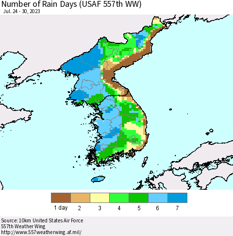Korea Number of Rain Days (USAF 557th WW) Thematic Map For 7/24/2023 - 7/30/2023