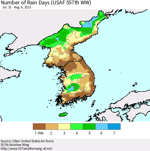 Korea Number of Rain Days (USAF 557th WW) Thematic Map For 7/31/2023 - 8/6/2023