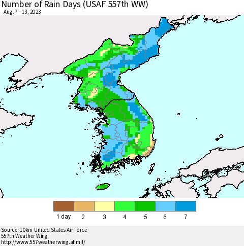 Korea Number of Rain Days (USAF 557th WW) Thematic Map For 8/7/2023 - 8/13/2023