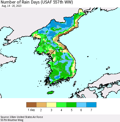 Korea Number of Rain Days (USAF 557th WW) Thematic Map For 8/14/2023 - 8/20/2023