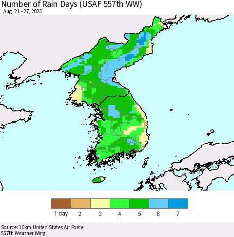 Korea Number of Rain Days (USAF 557th WW) Thematic Map For 8/21/2023 - 8/27/2023