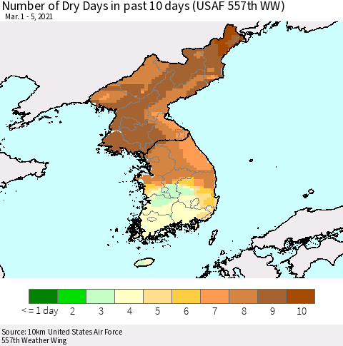 Korea Number of Dry Days in past 10 days (USAF 557th WW) Thematic Map For 3/1/2021 - 3/5/2021