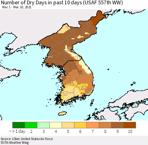Korea Number of Dry Days in past 10 days (USAF 557th WW) Thematic Map For 3/6/2021 - 3/10/2021