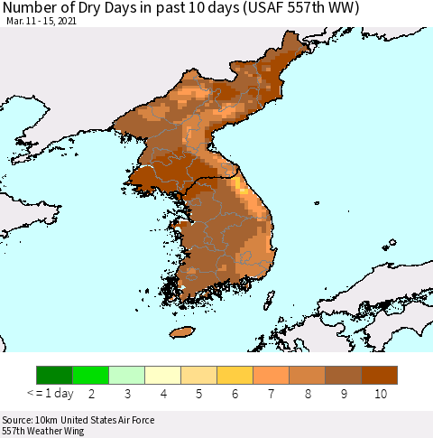 Korea Number of Dry Days in past 10 days (USAF 557th WW) Thematic Map For 3/11/2021 - 3/15/2021