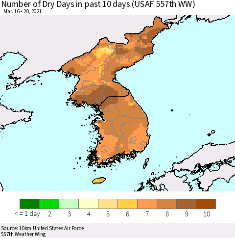 Korea Number of Dry Days in past 10 days (USAF 557th WW) Thematic Map For 3/16/2021 - 3/20/2021