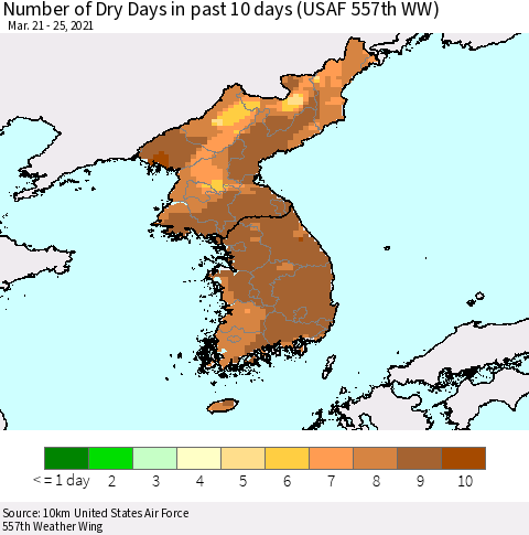Korea Number of Dry Days in past 10 days (USAF 557th WW) Thematic Map For 3/21/2021 - 3/25/2021