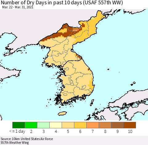 Korea Number of Dry Days in past 10 days (USAF 557th WW) Thematic Map For 3/26/2021 - 3/31/2021