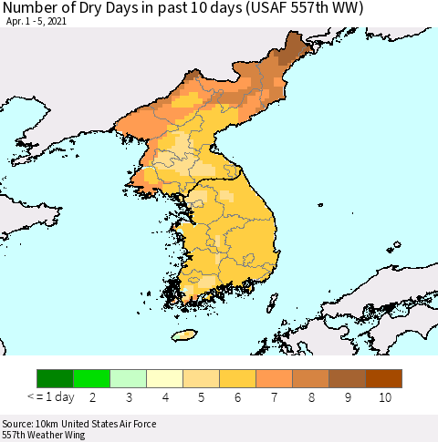 Korea Number of Dry Days in past 10 days (USAF 557th WW) Thematic Map For 4/1/2021 - 4/5/2021
