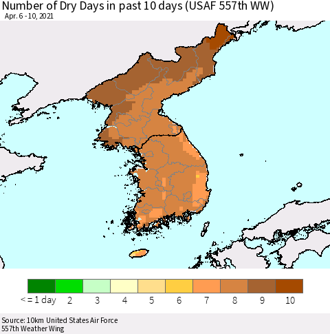Korea Number of Dry Days in past 10 days (USAF 557th WW) Thematic Map For 4/6/2021 - 4/10/2021