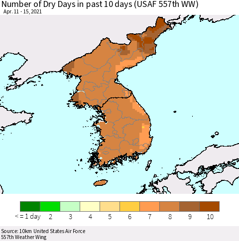 Korea Number of Dry Days in past 10 days (USAF 557th WW) Thematic Map For 4/11/2021 - 4/15/2021