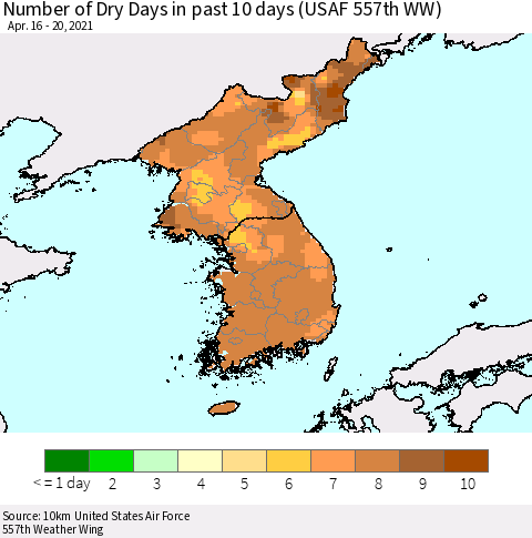 Korea Number of Dry Days in past 10 days (USAF 557th WW) Thematic Map For 4/16/2021 - 4/20/2021