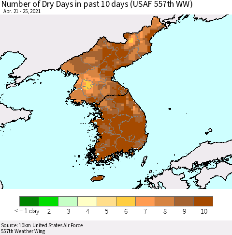 Korea Number of Dry Days in past 10 days (USAF 557th WW) Thematic Map For 4/21/2021 - 4/25/2021