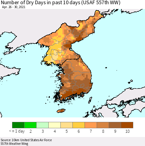 Korea Number of Dry Days in past 10 days (USAF 557th WW) Thematic Map For 4/26/2021 - 4/30/2021