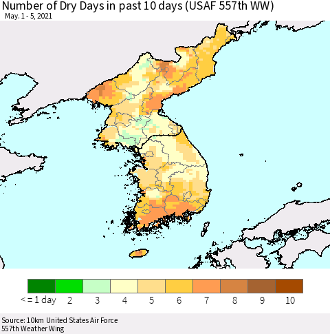 Korea Number of Dry Days in past 10 days (USAF 557th WW) Thematic Map For 5/1/2021 - 5/5/2021