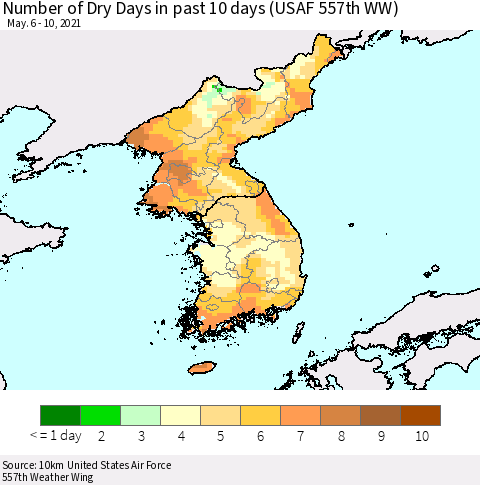 Korea Number of Dry Days in past 10 days (USAF 557th WW) Thematic Map For 5/6/2021 - 5/10/2021
