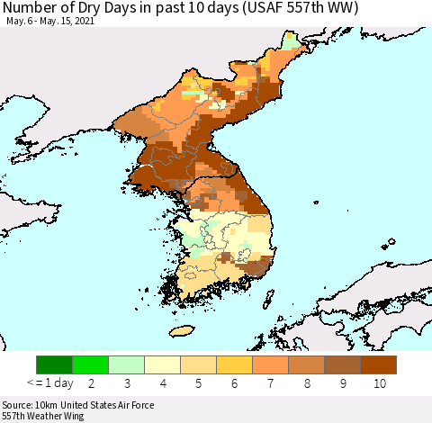 Korea Number of Dry Days in past 10 days (USAF 557th WW) Thematic Map For 5/11/2021 - 5/15/2021