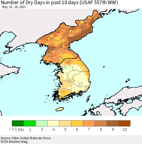 Korea Number of Dry Days in past 10 days (USAF 557th WW) Thematic Map For 5/16/2021 - 5/20/2021