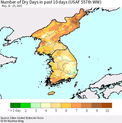 Korea Number of Dry Days in past 10 days (USAF 557th WW) Thematic Map For 5/21/2021 - 5/25/2021
