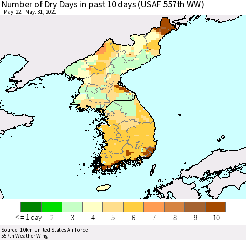 Korea Number of Dry Days in past 10 days (USAF 557th WW) Thematic Map For 5/26/2021 - 5/31/2021