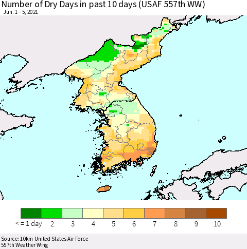 Korea Number of Dry Days in past 10 days (USAF 557th WW) Thematic Map For 6/1/2021 - 6/5/2021