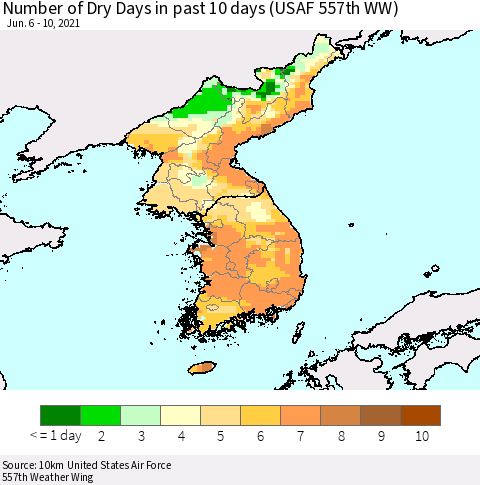 Korea Number of Dry Days in past 10 days (USAF 557th WW) Thematic Map For 6/6/2021 - 6/10/2021
