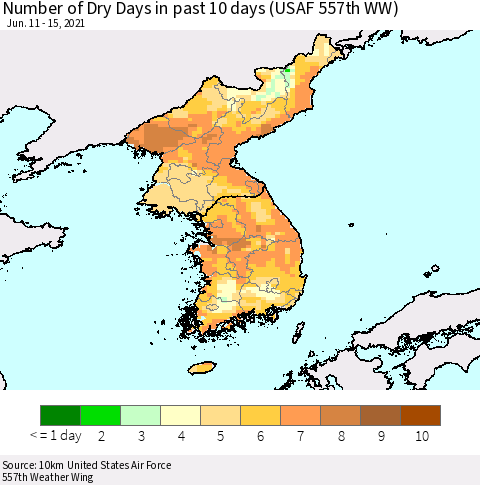 Korea Number of Dry Days in past 10 days (USAF 557th WW) Thematic Map For 6/11/2021 - 6/15/2021