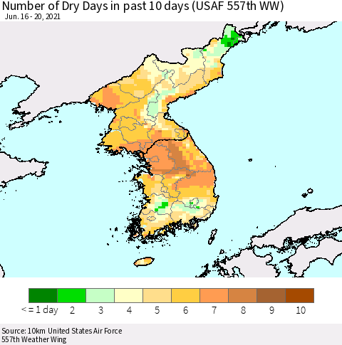 Korea Number of Dry Days in past 10 days (USAF 557th WW) Thematic Map For 6/16/2021 - 6/20/2021