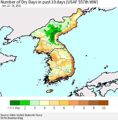 Korea Number of Dry Days in past 10 days (USAF 557th WW) Thematic Map For 6/21/2021 - 6/25/2021