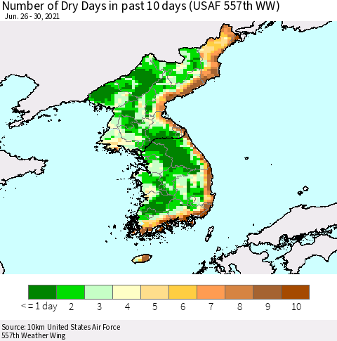 Korea Number of Dry Days in past 10 days (USAF 557th WW) Thematic Map For 6/26/2021 - 6/30/2021