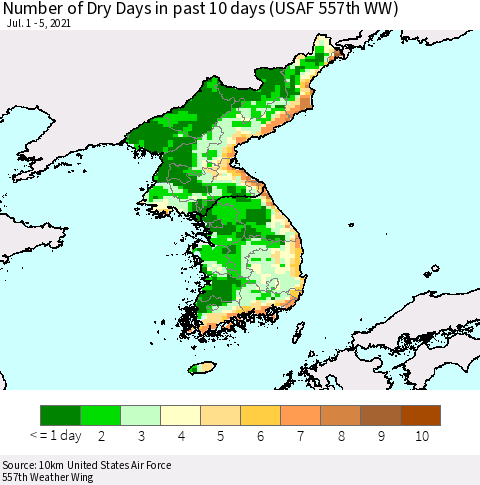 Korea Number of Dry Days in past 10 days (USAF 557th WW) Thematic Map For 7/1/2021 - 7/5/2021