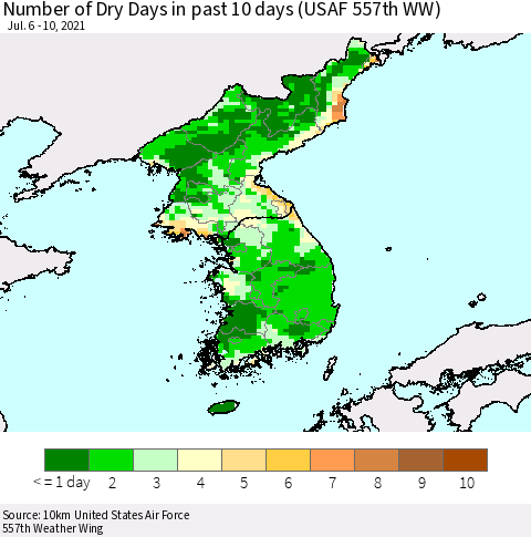 Korea Number of Dry Days in past 10 days (USAF 557th WW) Thematic Map For 7/6/2021 - 7/10/2021