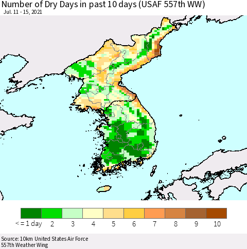 Korea Number of Dry Days in past 10 days (USAF 557th WW) Thematic Map For 7/11/2021 - 7/15/2021