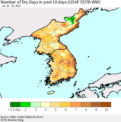 Korea Number of Dry Days in past 10 days (USAF 557th WW) Thematic Map For 7/21/2021 - 7/25/2021