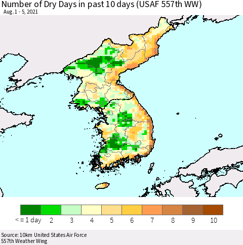 Korea Number of Dry Days in past 10 days (USAF 557th WW) Thematic Map For 8/1/2021 - 8/5/2021