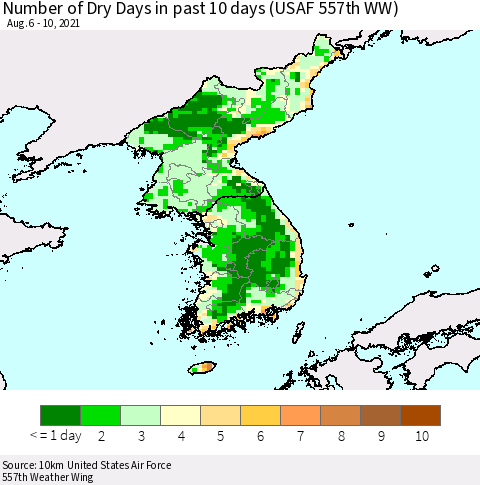 Korea Number of Dry Days in past 10 days (USAF 557th WW) Thematic Map For 8/6/2021 - 8/10/2021