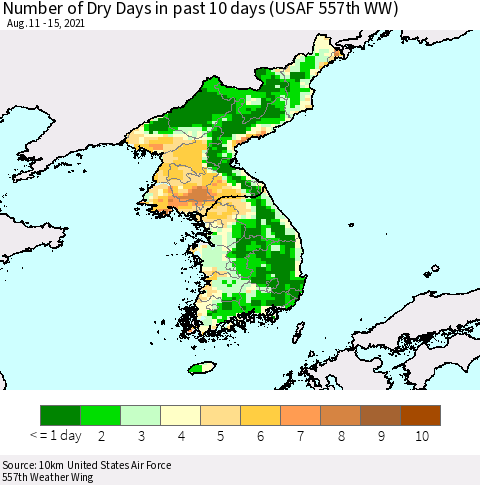 Korea Number of Dry Days in past 10 days (USAF 557th WW) Thematic Map For 8/11/2021 - 8/15/2021