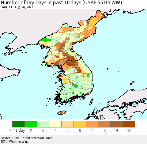 Korea Number of Dry Days in past 10 days (USAF 557th WW) Thematic Map For 8/16/2021 - 8/20/2021