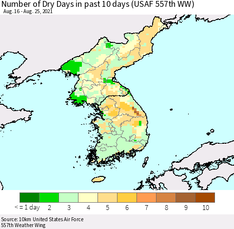 Korea Number of Dry Days in past 10 days (USAF 557th WW) Thematic Map For 8/21/2021 - 8/25/2021