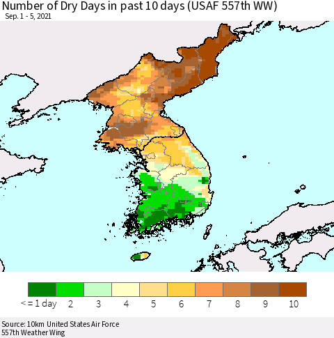 Korea Number of Dry Days in past 10 days (USAF 557th WW) Thematic Map For 9/1/2021 - 9/5/2021
