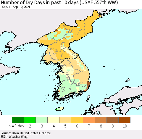 Korea Number of Dry Days in past 10 days (USAF 557th WW) Thematic Map For 9/6/2021 - 9/10/2021