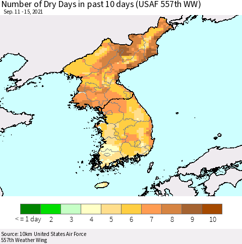 Korea Number of Dry Days in past 10 days (USAF 557th WW) Thematic Map For 9/11/2021 - 9/15/2021