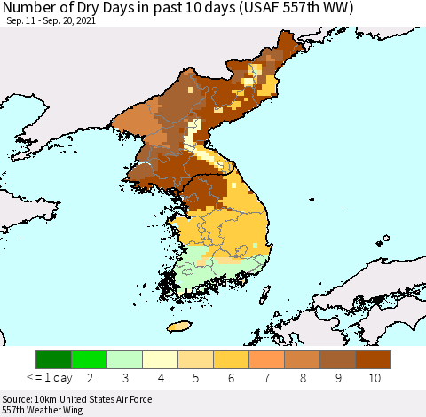 Korea Number of Dry Days in past 10 days (USAF 557th WW) Thematic Map For 9/16/2021 - 9/20/2021