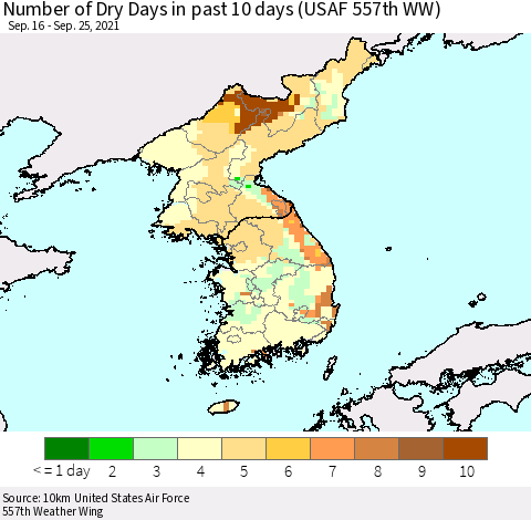 Korea Number of Dry Days in past 10 days (USAF 557th WW) Thematic Map For 9/21/2021 - 9/25/2021